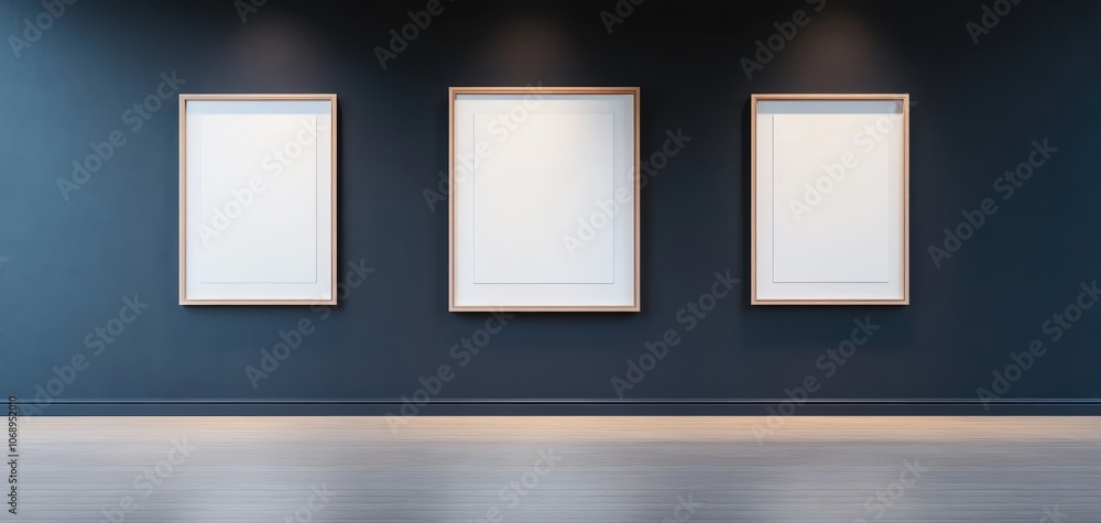 Poster elegant empty frame mockup on a dark wall, enhanced by a sharp spotlight, creating a professional ga