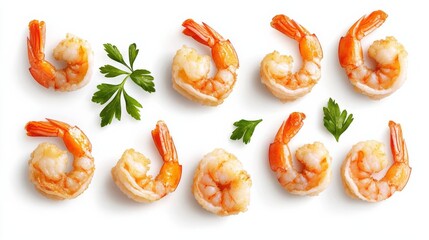 Set of Fried Shrimp, isolated on white background, realistic style, detailed texture, food shot