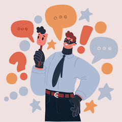 Cartoon vector illustration of a villain in an office suit hiding their face behind a mask, symbolizing deception and secrecy