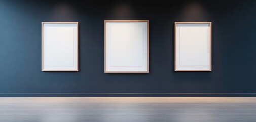 Elegant empty frame mockup on a dark wall, enhanced by a sharp spotlight, creating a professional gallery display