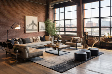 Stylish Modern Loft Living Room with Brick Wall Interior