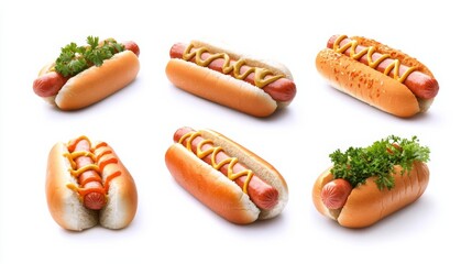 Set of Hot Dogs, isolated on white background, realistic style, detailed texture, food shot