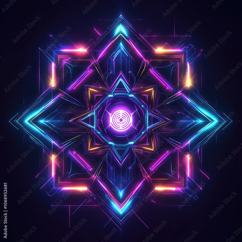 Sticker a vibrant geometric design featuring glowing neon colors, creating a mesmerizing visual effect in a 