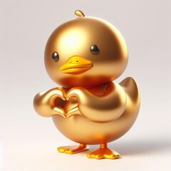 Metallic golden Duck Wearing Santa Hat Holding Heart on white background