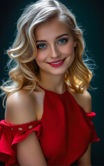 Naklejka premium Portrait Attractive young woman in red dress. Outfit for New Year's party.