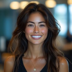 Fototapeta premium Smiling woman in casual attire indoors