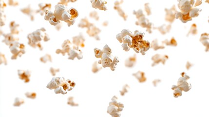 Popcorn falling on a white background. Concept of movie night, snack, and food. 