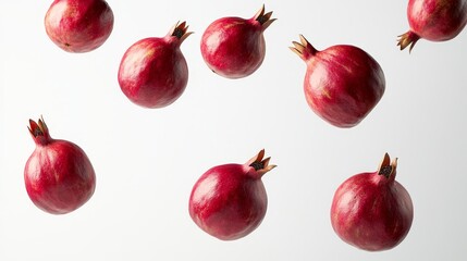 Red pomegranates falling in a white background