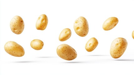 Obraz premium Floating potatoes on a white background, representing healthy, nutritious food or cooking ingredients.