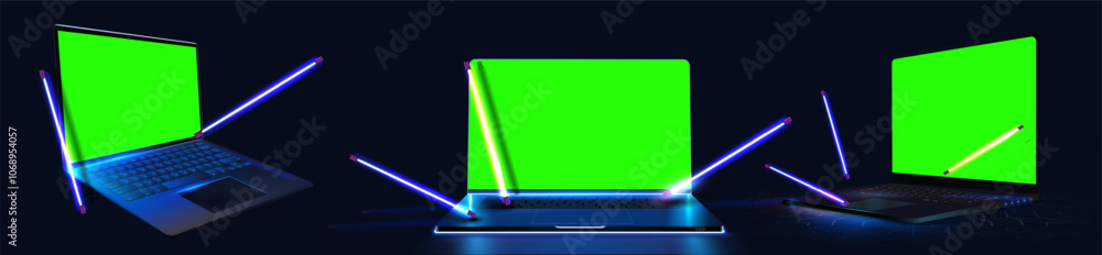Poster high-tech vector illustration featuring three laptops with green screens surrounded by glowing neon 