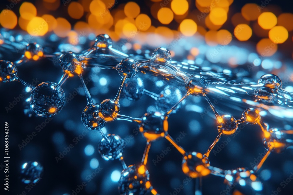 Poster abstract molecular structure with glowing orbs and bokeh.
