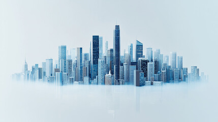 Fototapeta premium Modern Metropolis Skyline: A stylized digital rendering of a futuristic city skyline, showcasing sleek skyscrapers piercing a soft, ethereal sky. The image evokes a sense of ambition, innovation.