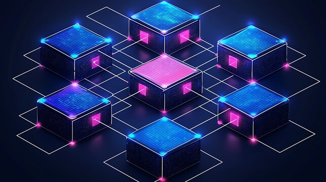 A network of glowing blue and pink cubes connected by white lines against a dark background.