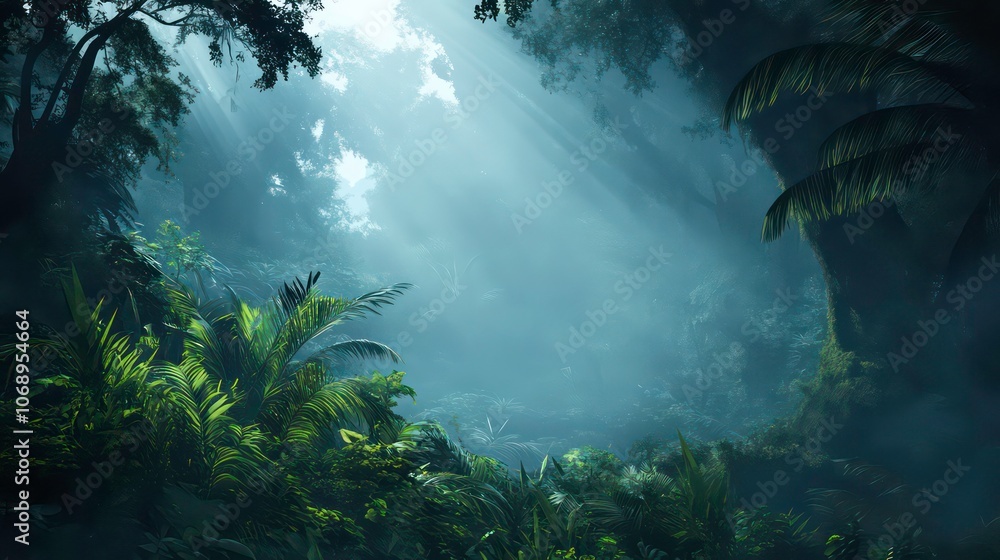 Poster A misty forest scene with sunlight filtering through trees, creating a serene atmosphere.