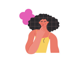 Thinking people, modern flat vector concept illustration- woman standing thoughtfully, looking sideways, bubble near head Metaphor for reflection, analysis, introspection, contemplation, deep thought