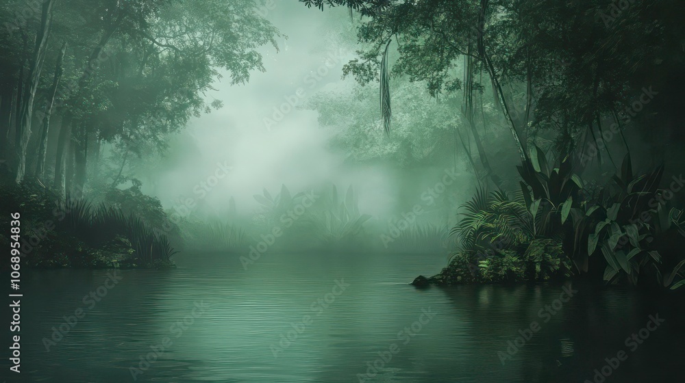 Poster a misty forest scene with dense foliage and a tranquil atmosphere.
