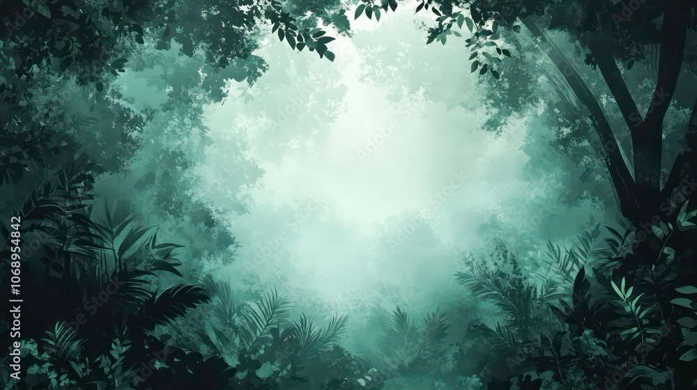 Poster a misty forest scene with dense foliage and a tranquil atmosphere.