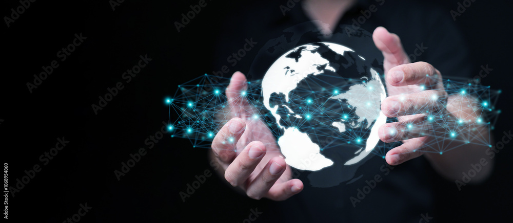 Poster whole world in your hands concept. digital globe with network connection in a man's hand representin