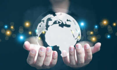Globe in your hands concept. A businessman can use, control, and access communication, information, data, and networks globally