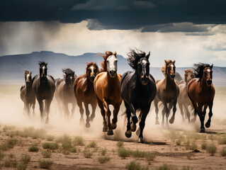 Fototapeta premium Majestic Herd of Wild Horses Galloping in Dusty Wilderness