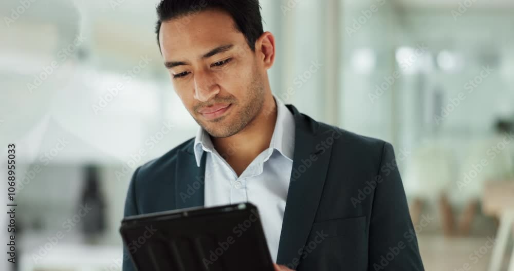 Poster office, thinking and man with tablet for ideas, email or online schedule for business planning. refl