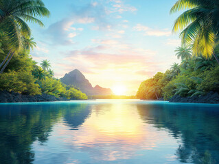 Fototapeta premium Tropical Paradise at Sunset: A breathtaking panorama of a tranquil lagoon in a tropical paradise. The golden sunset casts a warm glow over the crystal clear waters.