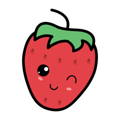 Kawaii strawberry with cute black eyes. Kawaii fruit with emotional face