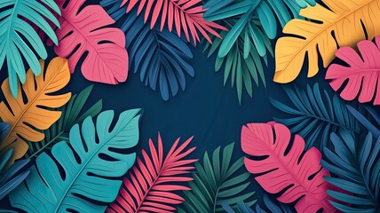 A vibrant arrangement of colorful tropical leaves, creating a lively frame against a dark background, evoking a summer or exotic theme.