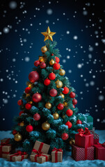 Christmas tree with gifts and falling snowflakes against dark blue background