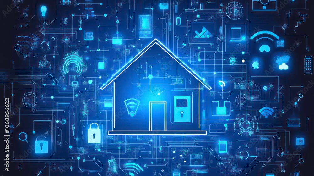 Poster A digital representation of a smart home with interconnected devices and technology.