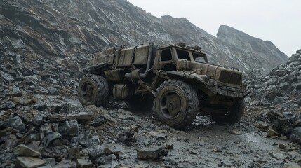 Obraz premium Post-Apocalyptic Dieselpunk Scavengers Facing Treacherous Landscape Challenges in Dramatic Scene