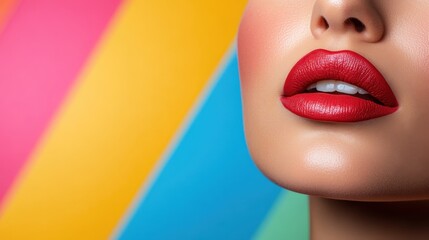 Glossy red lips captured in detail, set against a dynamic and colorful rainbow background. Highlights glamour and style with vibrant artistic expression.