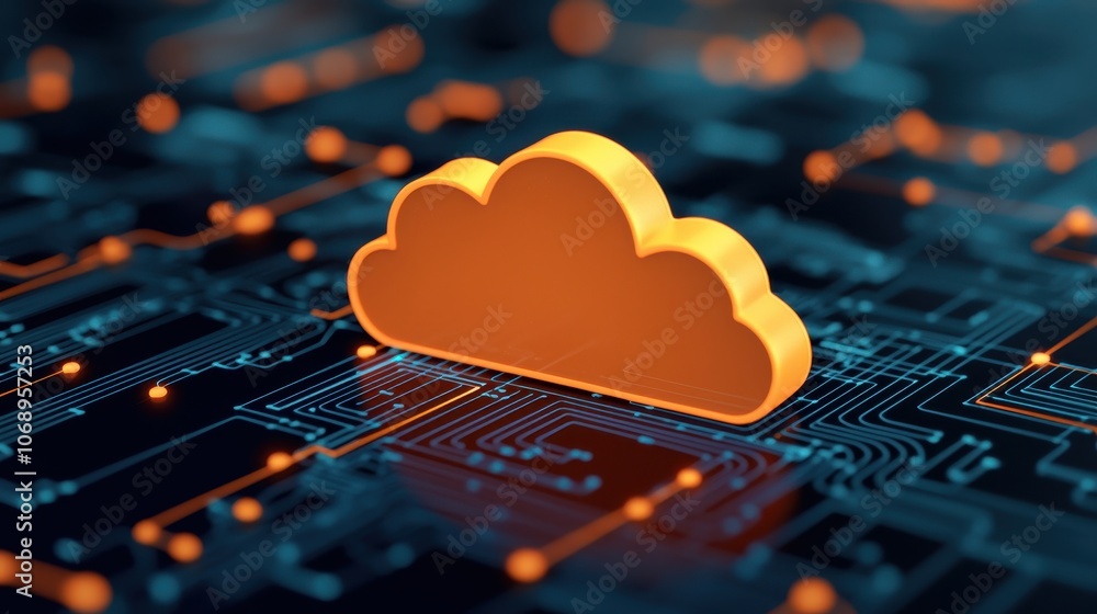 Aufkleber an orange cloud icon sits on a digital circuit board background, symbolizing cloud computing and mod