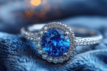 Obraz premium Elegant Blue Gemstone Ring on Soft Fabric