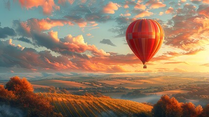 Obraz premium A vibrant oil painting of a colorful hot air balloon floating above a lush green valley at dawn. The soft pastel sky hints at the promise of a new adventure