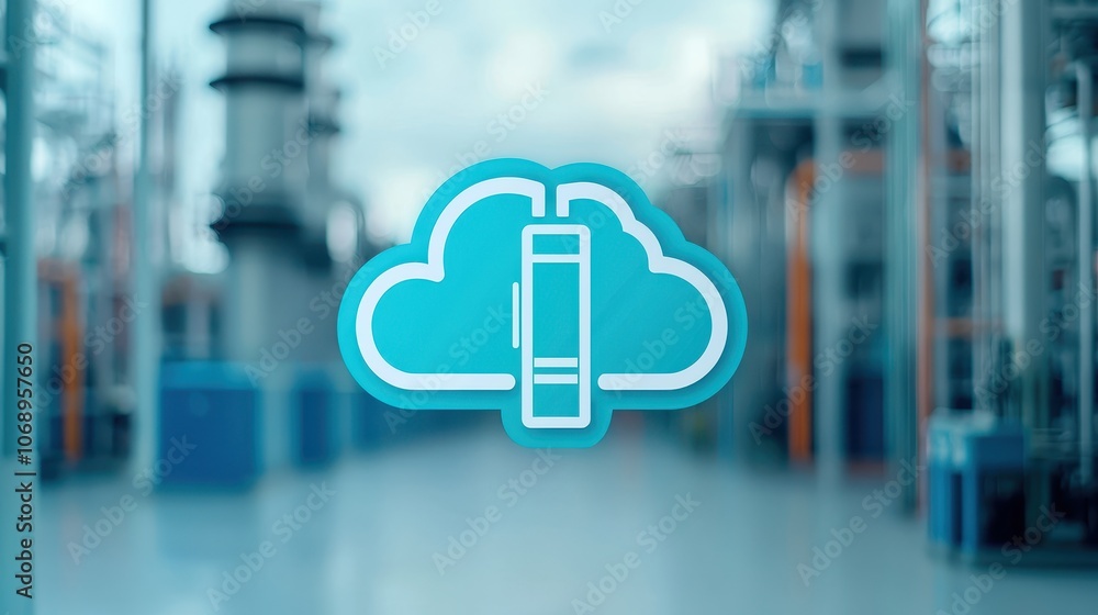 Poster a modern cloud computing icon is superimposed on an industrial background, symbolizing digital techn