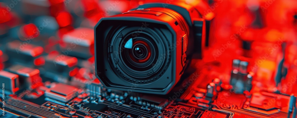 Poster a close-up of a camera lens positioned on a circuit board, illuminated with red lighting, showcasing