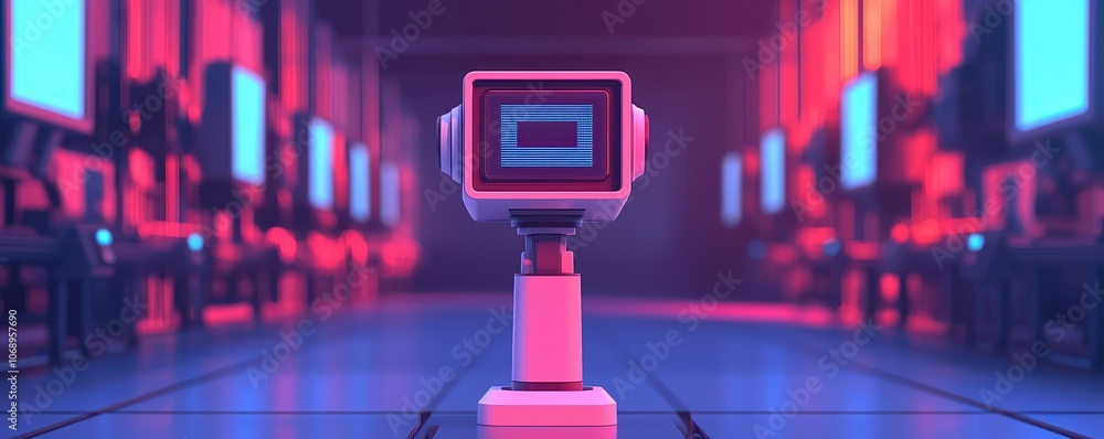 Poster a futuristic robot stands in a colorful, tech-filled environment illuminated by glowing screens, hig