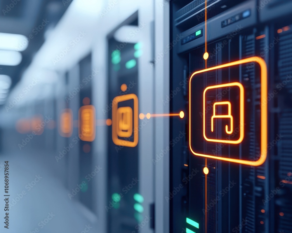 Aufkleber a high-tech server room with glowing lock icons, symbolizing data security and protection in a moder