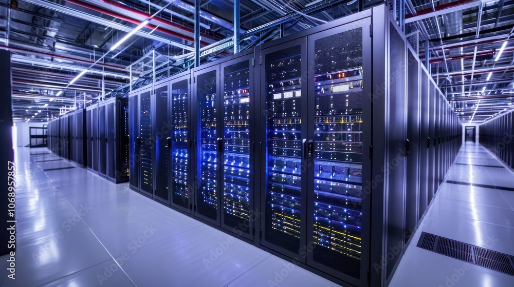 Poster modern data center dedicated to ai high performance computing systems and network equipment.