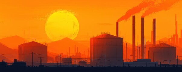Fototapeta premium A sunset casts a vivid orange glow over silhouetted industrial structures, showcasing smokestacks and storage tanks against a dramatic sky.