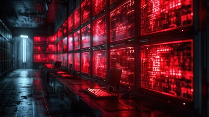 High-Tech Server Room with Red Backlighting