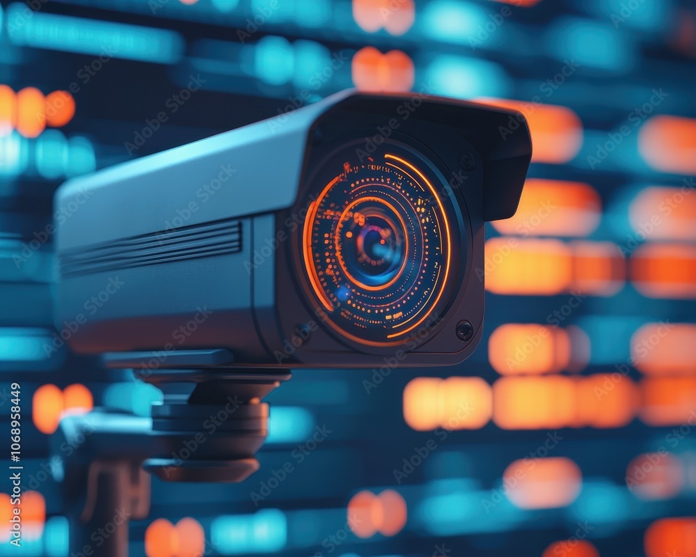 Poster a modern security camera with illuminated features, set against a backdrop of colorful digital displ