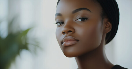 A beautiful black woman with clean and healthy skin looks straight ahead and shows the perfect facial structure.