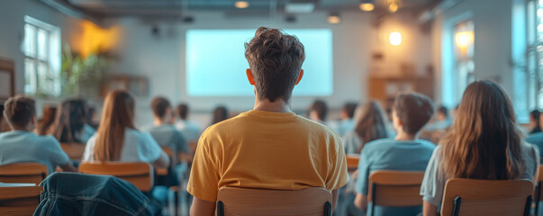 A young man sits in a classroom, listening to a presentation on a screen. 