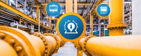 A vibrant industrial scene featuring yellow pipelines and digital icons representing monitoring and analytics in a manufacturing environment.