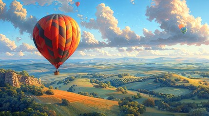 A vibrant oil painting of a colorful hot air balloon floating above a lush green valley at dawn. The soft pastel sky hints at the promise of a new adventure