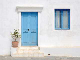 Charming Mediterranean Blue Door on White Facade