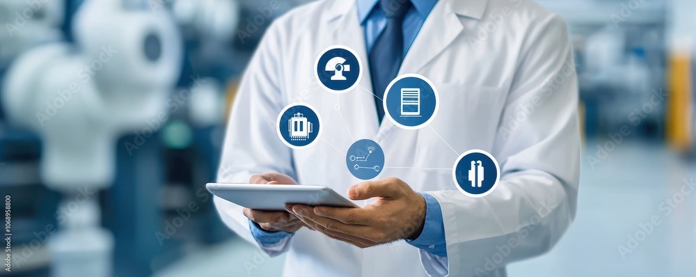 Poster a professional in a lab coat examines data on a tablet, surrounded by icons representing technology 