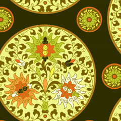 Traditional Retro Chinese and Japanese Style Vector Seamless Repeating Pattern, Abstract Floral Medallion Background 